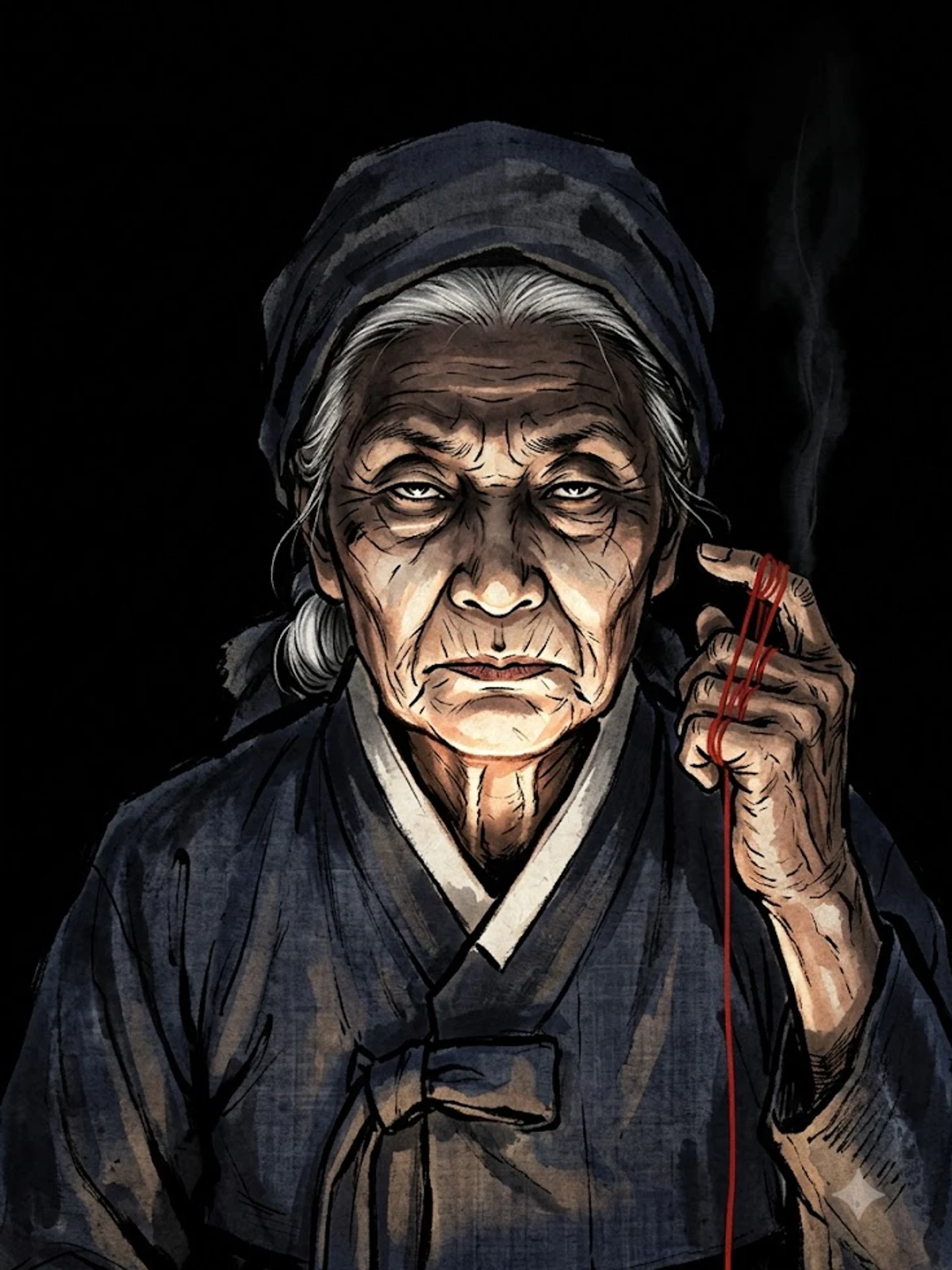 붉은 실을 손에 감고 이쪽을 바라보는 만신 할머니